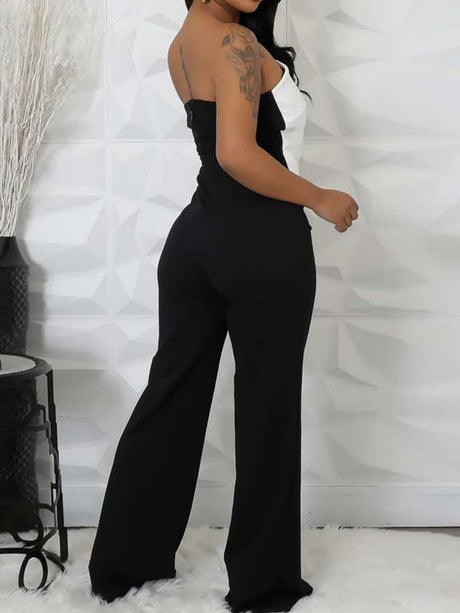 Color Matching Metal Buttons Strapless Backless Jumpsuits