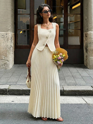 Pleated Long Skirt Square Neck Top Elegant Suit 2-piece Sets