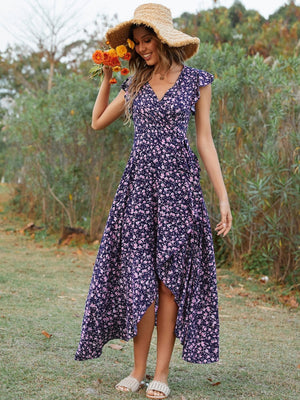 Wrap-up V-neck Bandage Asymmetrical Skirt Vacation And Leisure Maxi Dresses