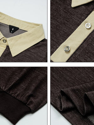 Polo Collar Contrasting Colors Splicing Long-sleeved Polo Shirt