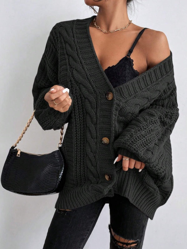 Loose Cable Knit Lantern Sleeve Cardigan