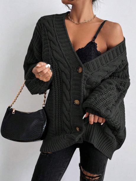 Loose Cable Knit Lantern Sleeve Cardigan