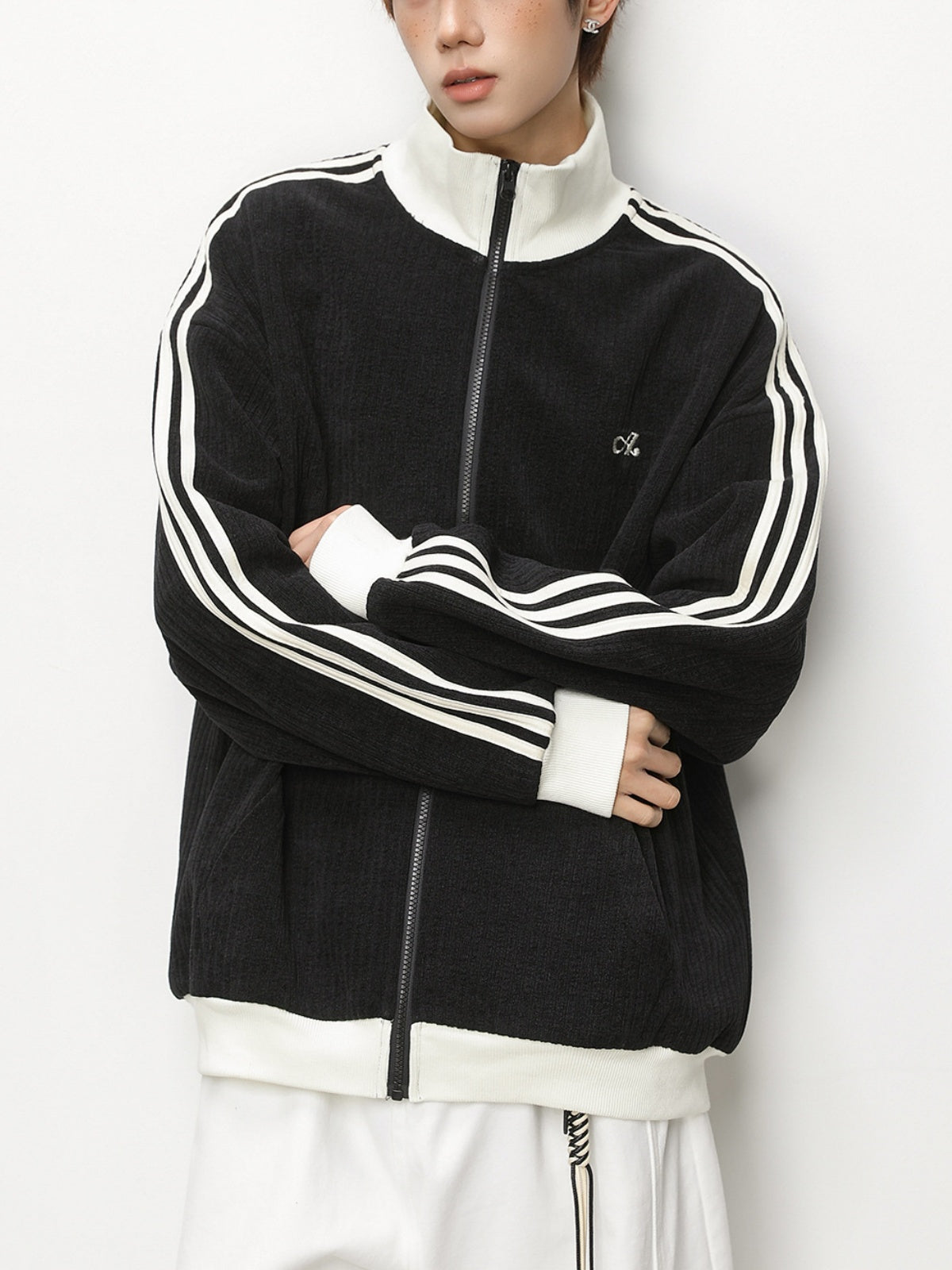 Color-blocked Vertical Stripe Loose-fit Cardigan Sweatshirt