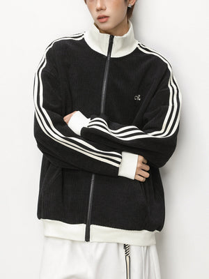 Color-blocked Vertical Stripe Loose-fit Cardigan Sweatshirt