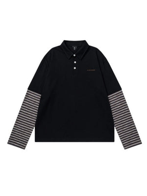 Fake Two Pieces Contrasting Colors POLO Collar Letter Embroidery Long-sleeved T-shirt
