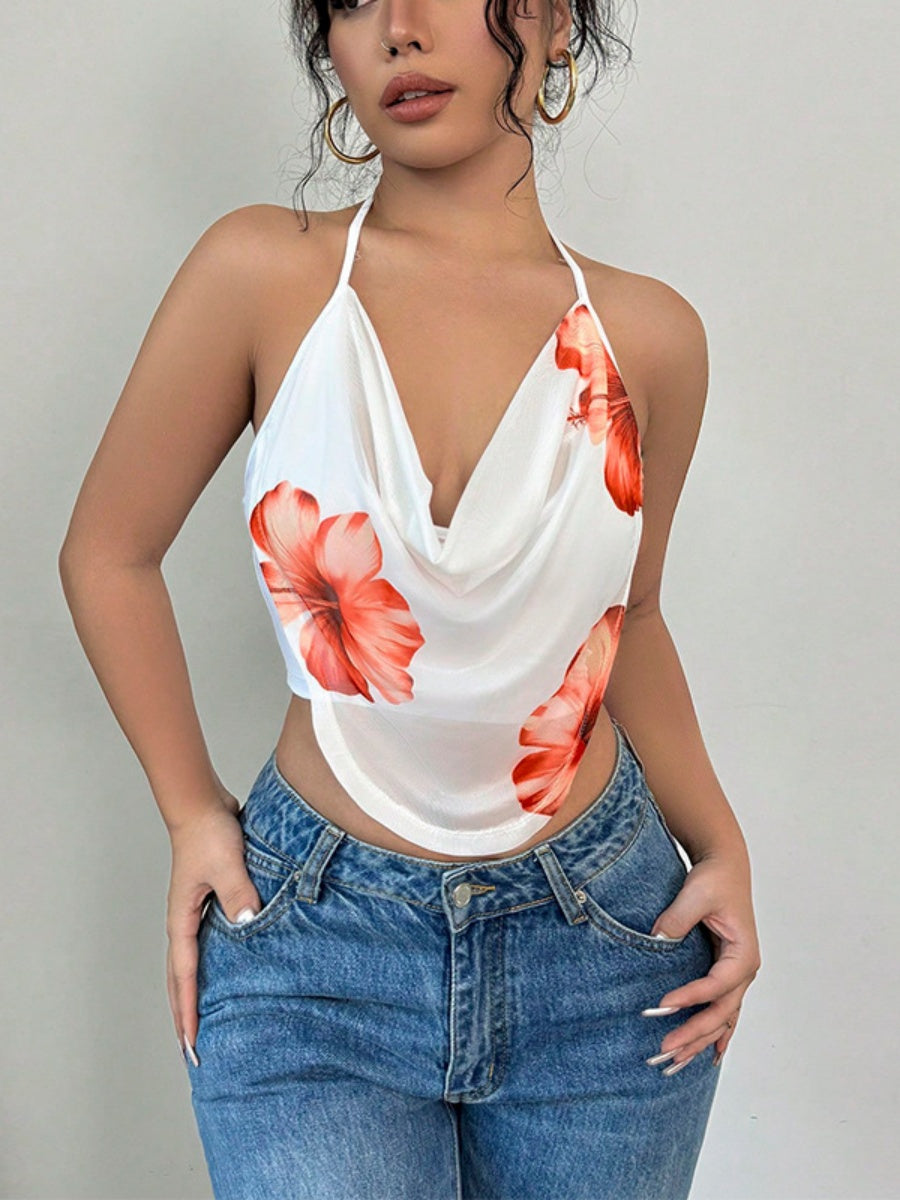 Resort-style Floral Print Halter Neck Top