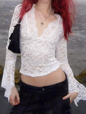 Sexy Deep V Slim Fit Short Navel Trim Long Sleeve Lace Top