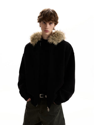 Fur Collar Hooded Knitting Cardigan Coat