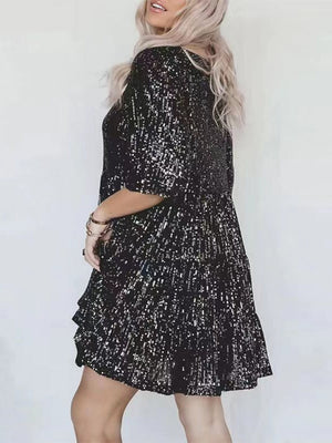 Sequins Crew Neck Loose Waist Short Sleeve Dress
