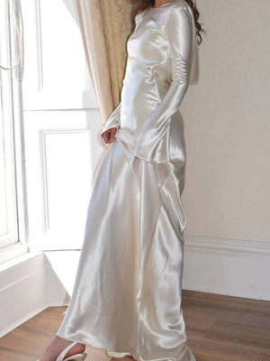 Liber Autumn Women's Backless Solid Color Long sleeve Satin Maxi Dresses