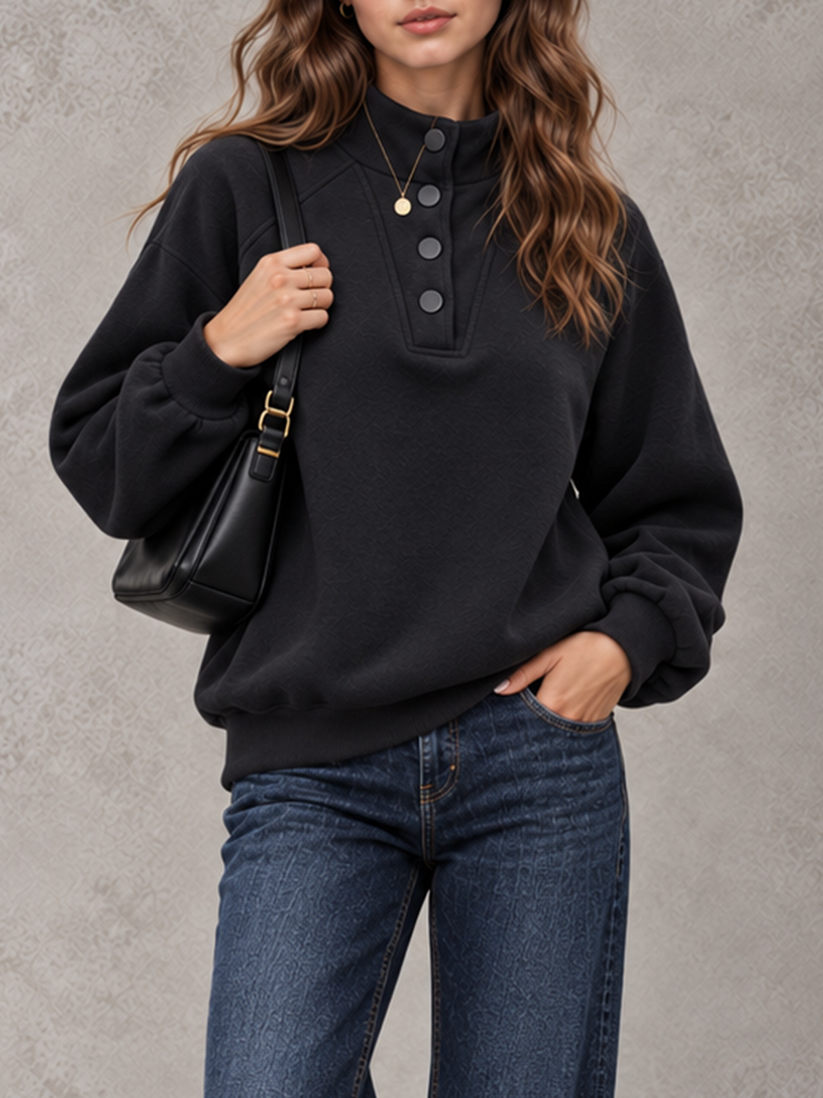 Women's Autumn/Winter Solid Color Stand Collar Button-Up Long Sleeve Sweatshirt