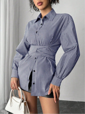Stripes Long Sleeves Irregular Belt Shirts