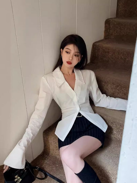 White Collared Long-sleeved Shirt For Women, Slim Fit, Waist-cinching Design, Unique And Stylish Top.