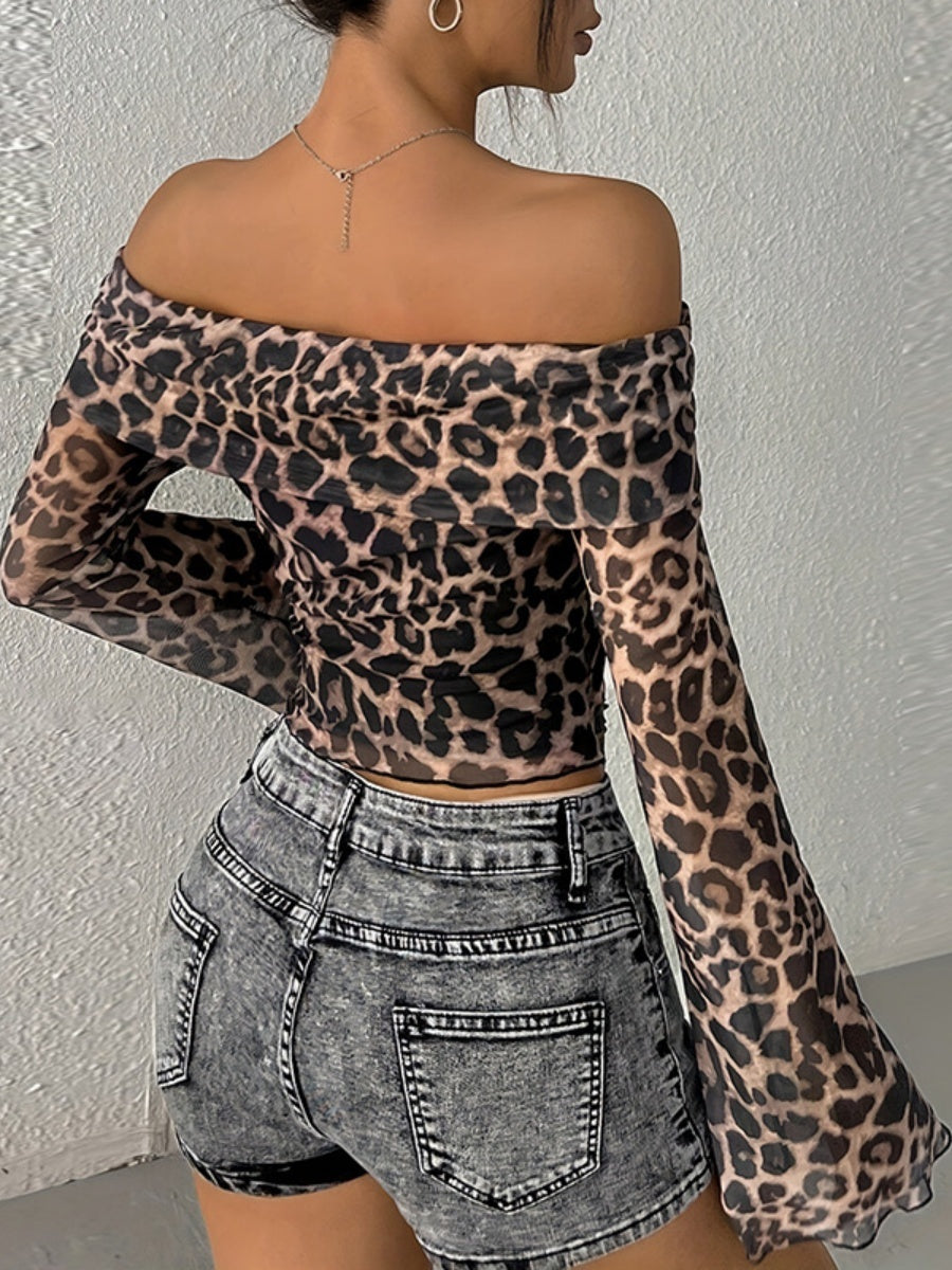Sexy Off Shoulder Long Sleeve Navel Leopard Print Sexy Top