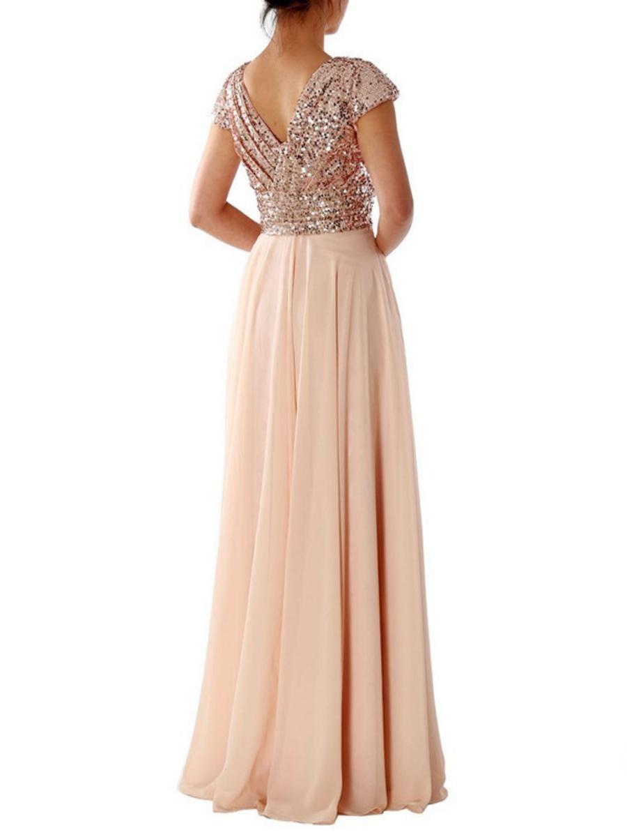 V-neck Sequins Chiffon Splicing Evening Gown Maxi Dresses