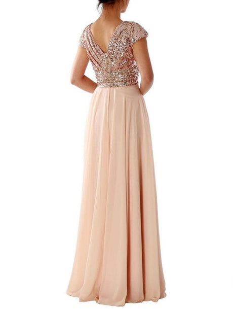 V-neck Sequins Chiffon Splicing Evening Gown Maxi Dresses