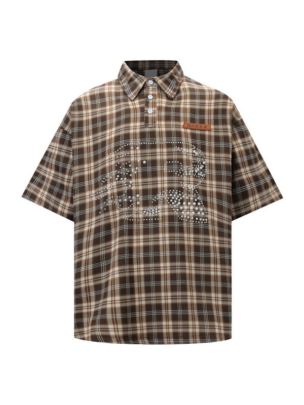 Retro Plaid Pearl Beading Polo Shirts