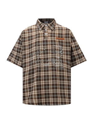 Retro Plaid Pearl Beading Polo Shirts