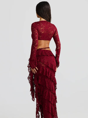 Lace Round Neck Long-sleeved Bell Sleeve Top And Layered Ribbon Skirt Two-piece Set