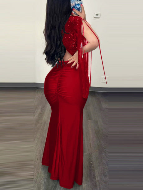 Sequins Bodycon Round Neck Slit Evening Dress Tassel Sleeves Pleated Maxi Dresses