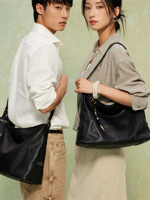 Hobo Large Oil-Waxed Cowhide Tote Bag, Large Capacity, Unisex, Black, Shoulder/Crossbody Bag