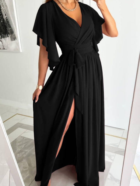 Tie-up Ruffle Sleeves V-neck Slit Elegant Cocktail Party Long Evening Dress