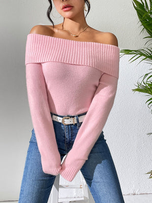 Liber Autumn women's knitted off-shoulder one-shoulder pullover mesh see-through top