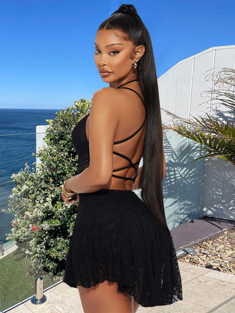 Mesh Splicing Perspective Halter Neck And Backless Pleated Mini&Short Dresses