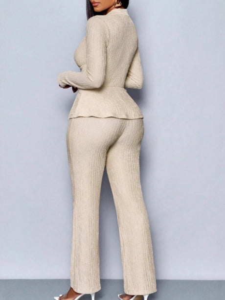 Long-sleeved, Irregular Hem, Fitted Top And Slimming Solid Color Trousers Two-piece Set