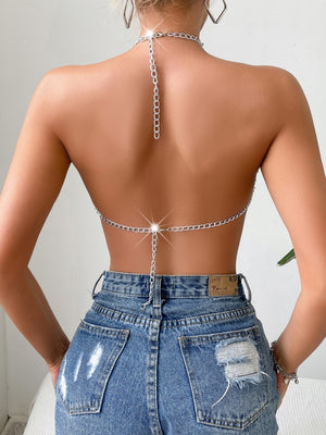 Diamond-studded Openwork Chain Splicing Halter Neck And Backless Tank Tops&Camis