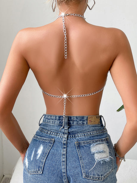Diamond-studded Openwork Chain Splicing Halter Neck And Backless Tank Tops&Camis