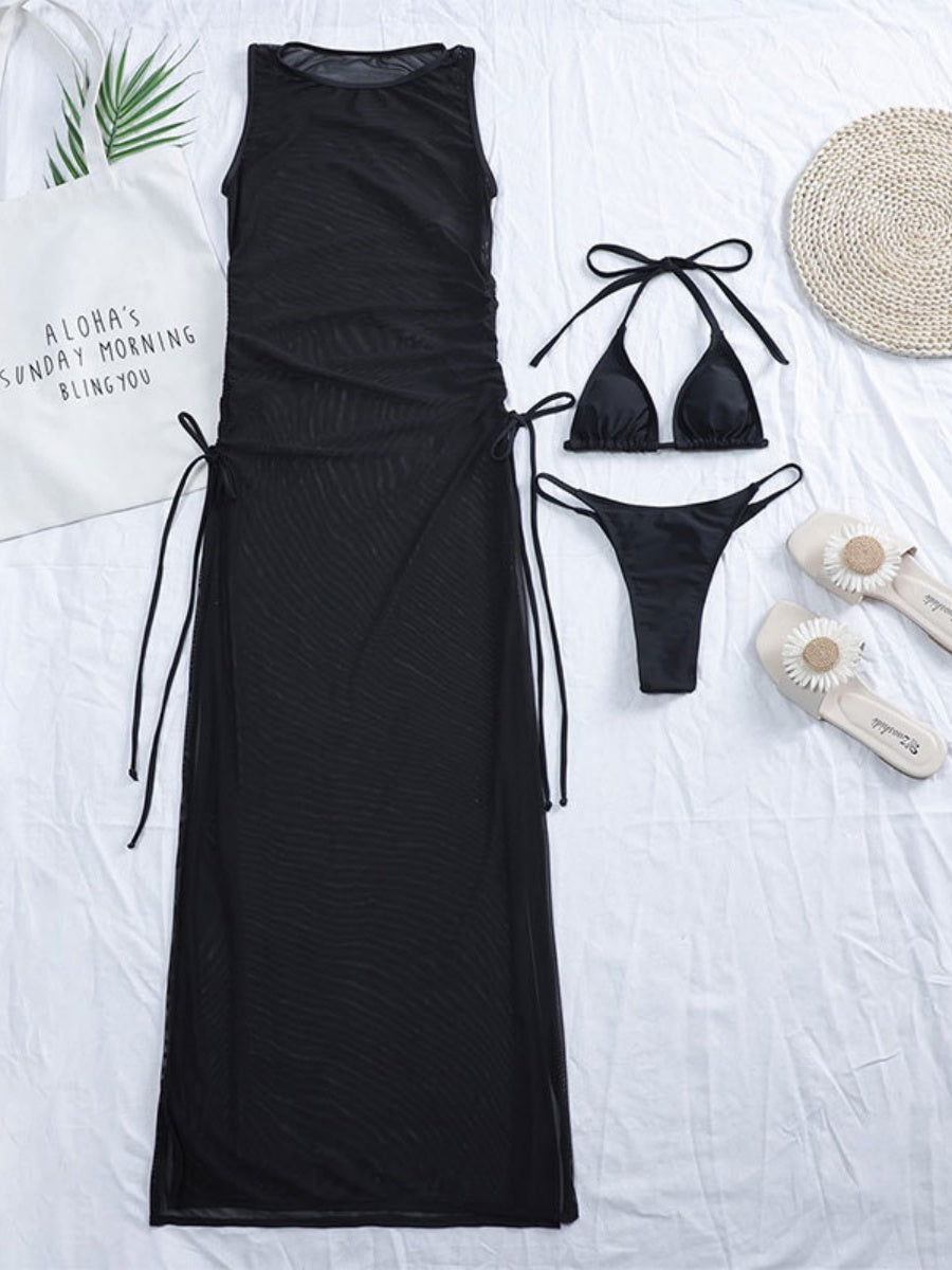 Solid Color Mesh Cover-up Bikini Three-piece Set