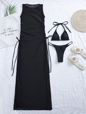 Solid Color Mesh Cover-up Bikini Three-piece Set