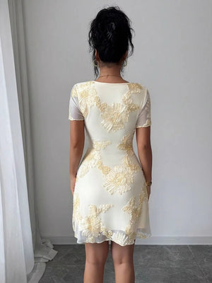 Mesh Embroidery Square Collar Mini&Short Dresses