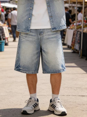 Cat Whiskers Distressed Gradient Denim Five Points Loose-fit Shorts