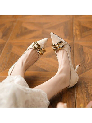 Liber Spring and Autumn Plaid Metal Buckle Women's High Heels