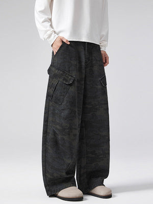 Retro Worn Out Machete Camouflage Multiple Pockets Pleated Cargo Trousers