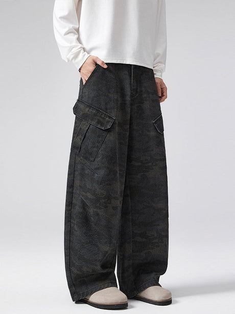 Retro Worn Out Machete Camouflage Multiple Pockets Pleated Cargo Trousers