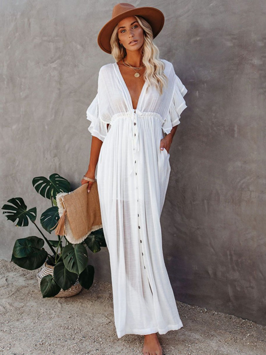 Bamboo-joint Fabric Button Waist Rope Long Cardigan Vacation Beach Jacket Sun Protection Long Skirt Bikini Cover-up