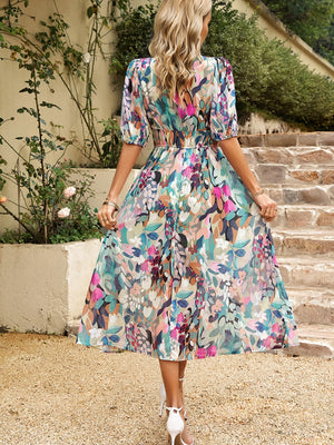 Waist-cinching Deep V-neck Floral Print Maxi Dresses