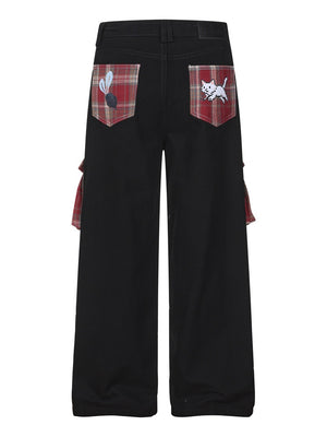 Plaid Color-blocked Cartoon Straight-fit Jeans