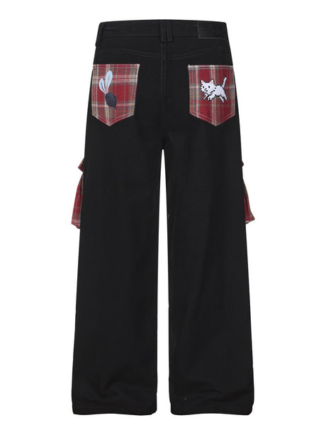 Plaid Color-blocked Cartoon Straight-fit Jeans