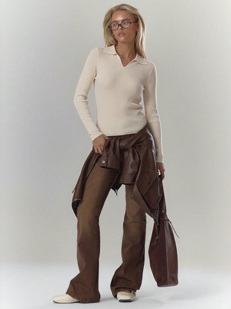 Wool Polo Long-sleeved Pullover Sweater With Vertical Stripes