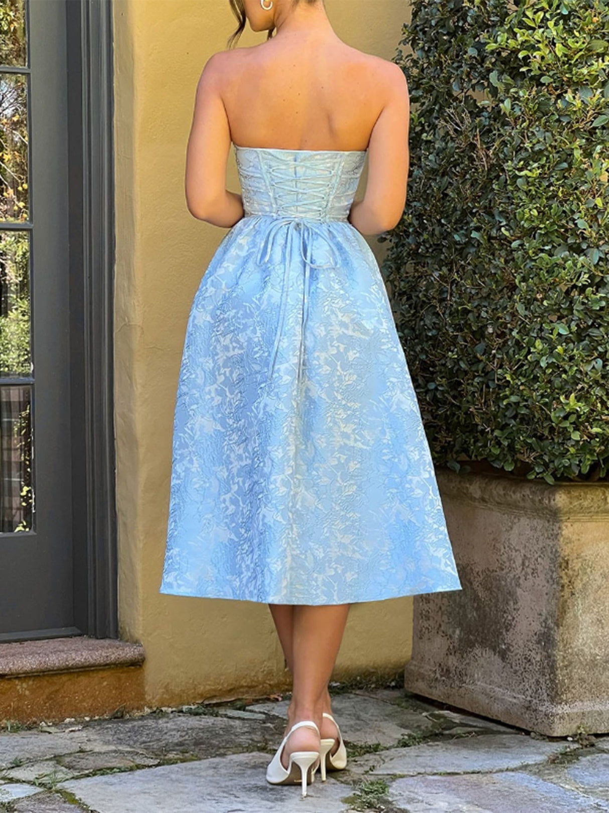 Pleating Jacquard Of Plants And Flowers Tube Top Maxi Dresses