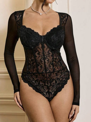 Body à manches longues en dentelle ajourée transparente et décolleté plongeant