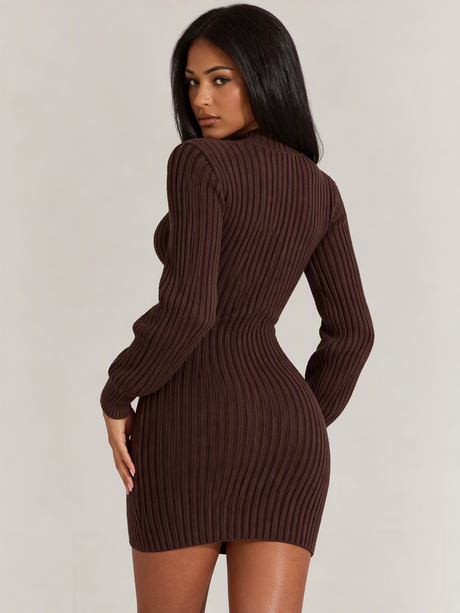 High-neck Solid Color Knitted Short Dress