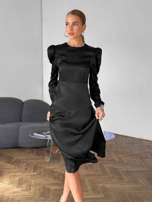 Crew Neck Long sleeve zipper Leg-of-mutton sleeve midi dress