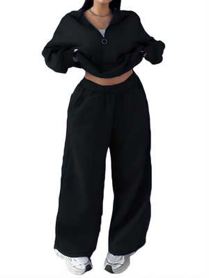 Half-open Pullover Sweatshirt And Trousers Two-piece Set