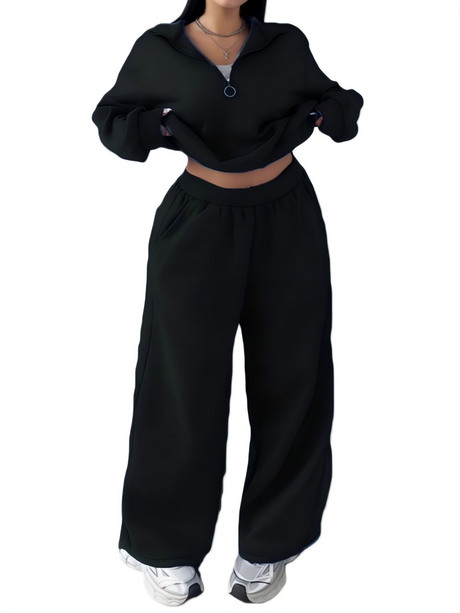 Half-open Pullover Sweatshirt And Trousers Two-piece Set