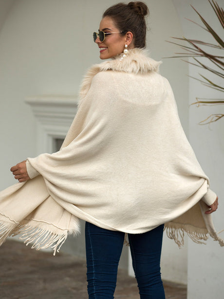 Apricot Tassel Fur Collar Solid Color Shawl Cardigans